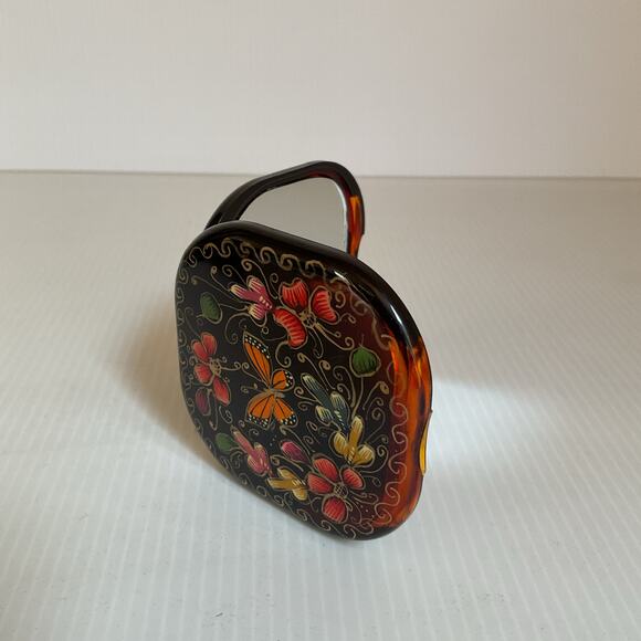 Hand-Painted Mexican Compact Mirror Monarch Butterfly Michoacán Gold Foil Art - Picture 4 of 8